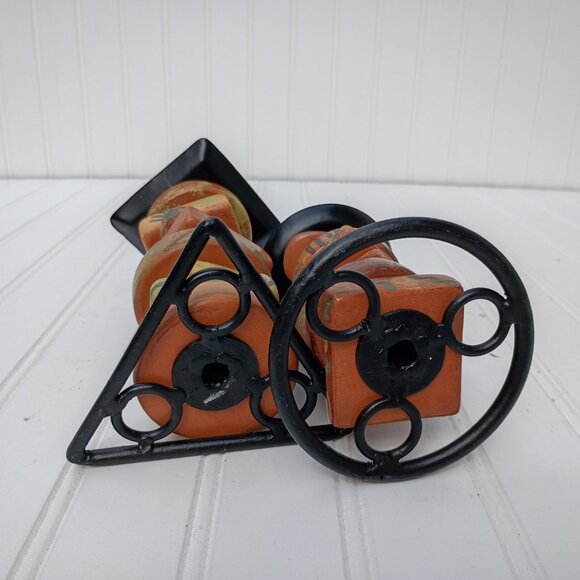 Southwestern Candlesticks Stacked Pottery Pieces Wrought Iron Candle Holder Pair - Picture 7 of 12